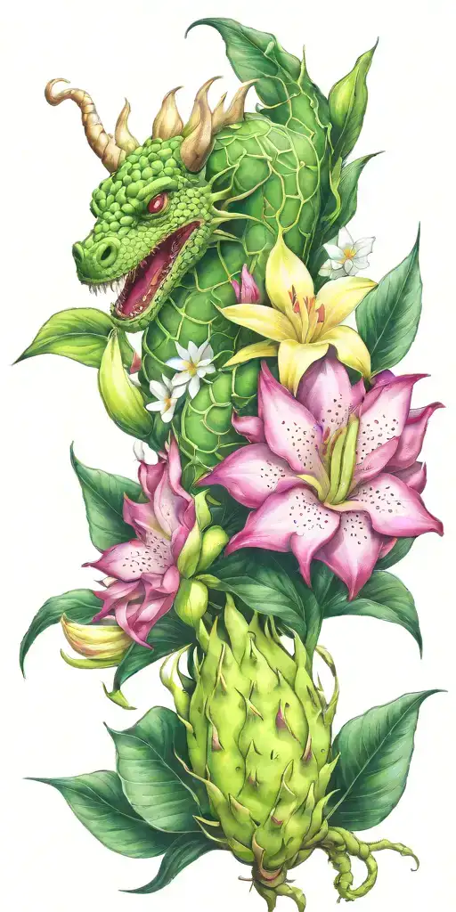 Dragonfruit Growing On Green Vine With Green Dragon Head And White Plumeria Flowers