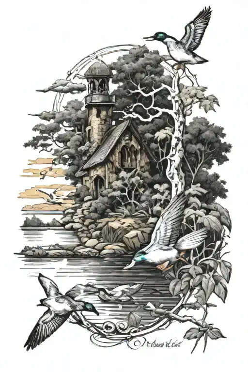 Ducks With Nature View And Old Church Nestled