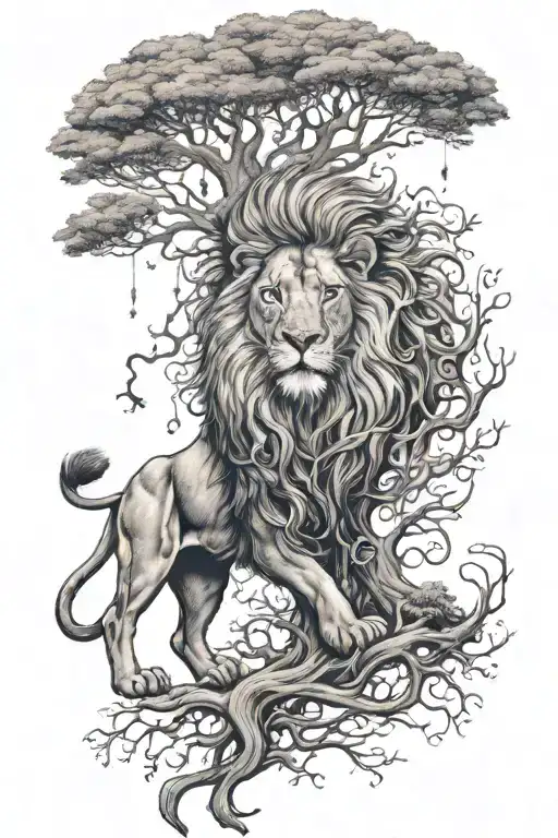 Lion With Tree Coming Out Of Mane Made Of Swirling