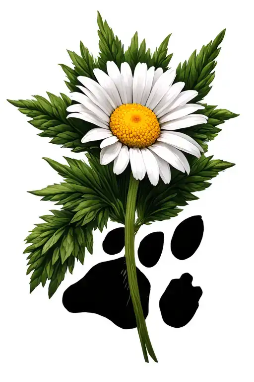 Single Daisy Flower With Dog Paw Print Below