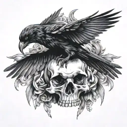 Raven With Wings Spread On A Skull