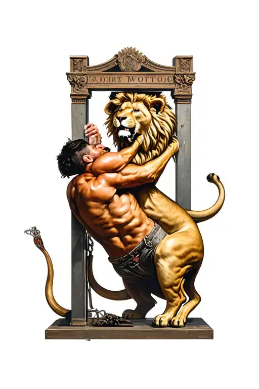 Man Choking Lion With Guillotine