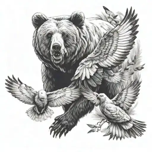Bear And Two Pigeons Flying