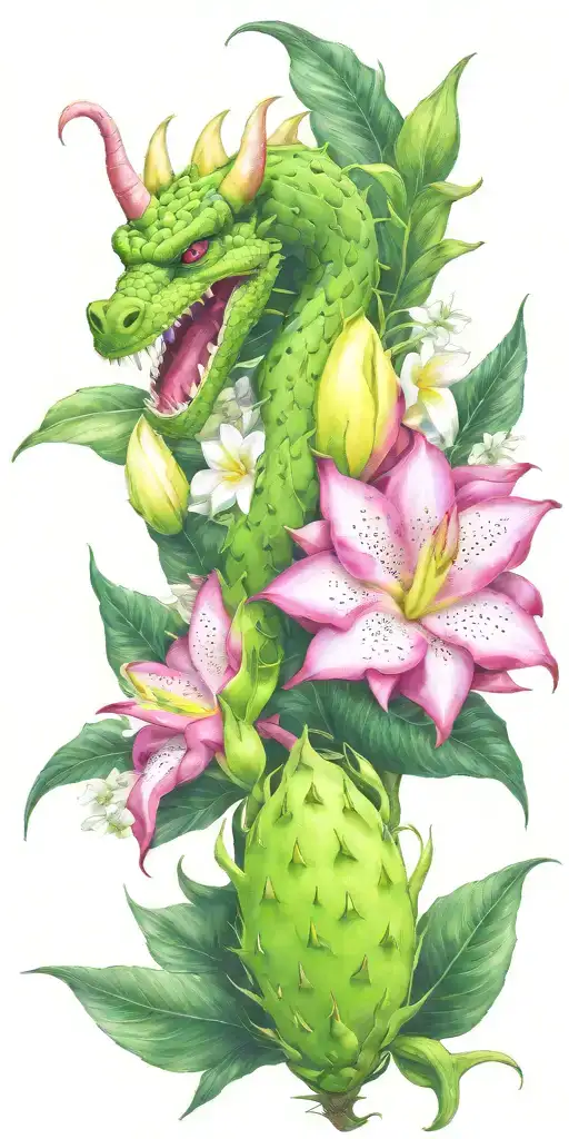 Dragonfruit Growing On Green Vine With Green Dragon Head And White Plumeria Flowers