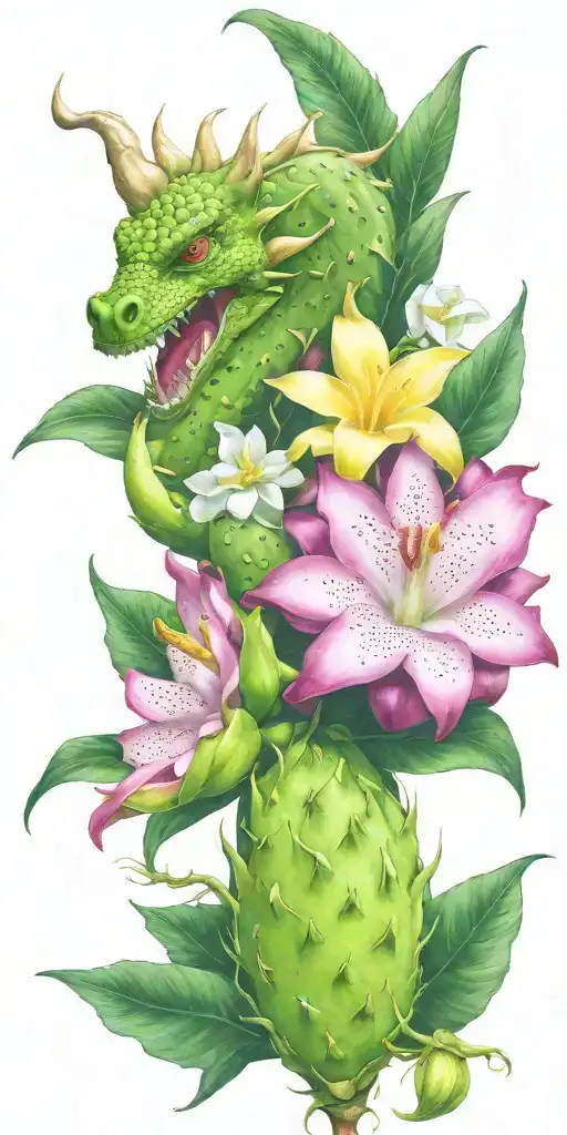 Dragonfruit Growing On Green Vine With Green Dragon Head And White Plumeria Flowers