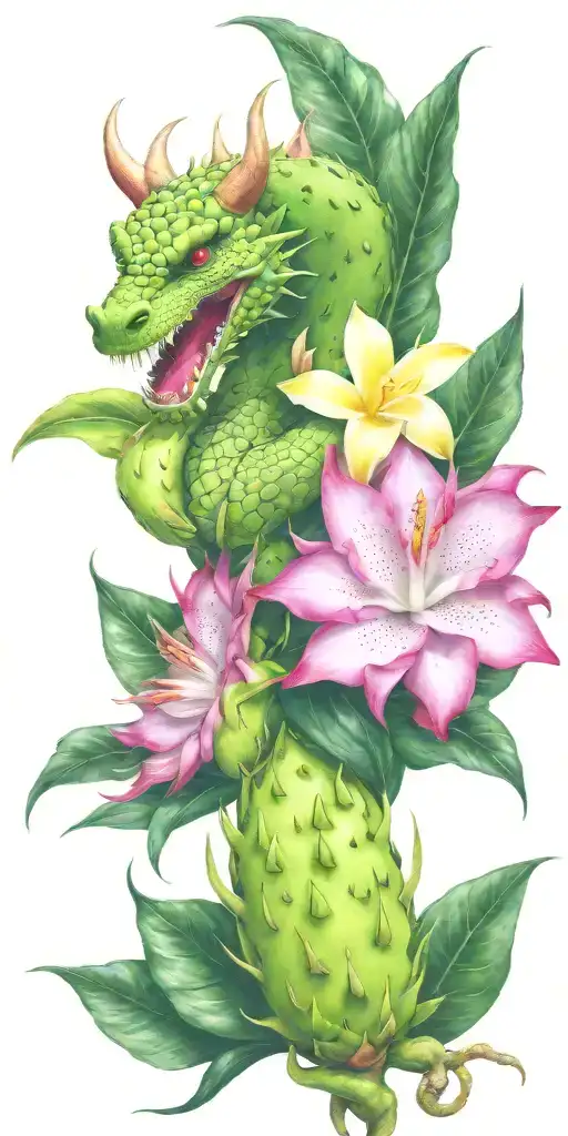 Dragonfruit Growing On Green Vine With Green Dragon Head And White Plumeria Flowers