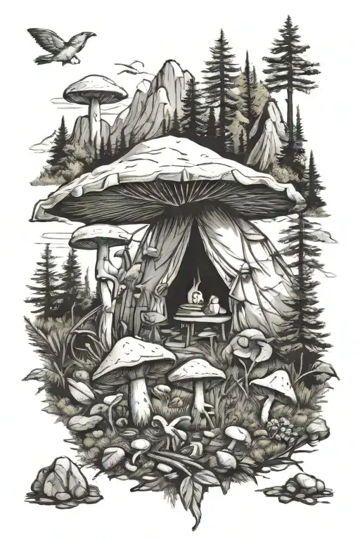 Mountain Camping Scene With Mushrooms