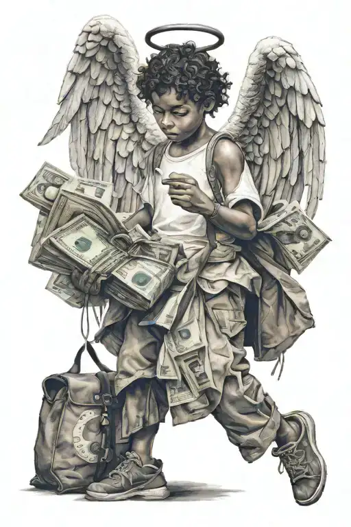 Angel Holding Bag Of Money With Boy Playing Ball In Favela Below
