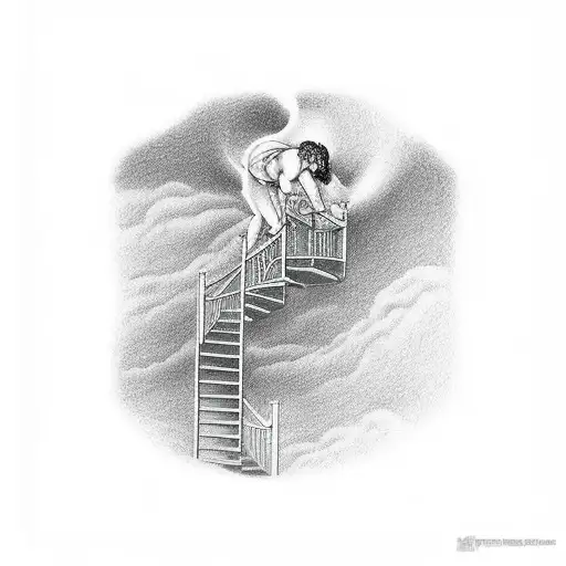 Draw A Half Sleeve Tattoo Of The Man Climbing The Stairway To Heaven To Reach The Pearly Gates