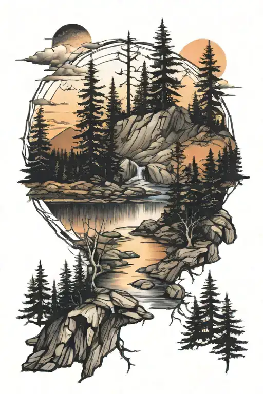 Mountain River Forest Sunset