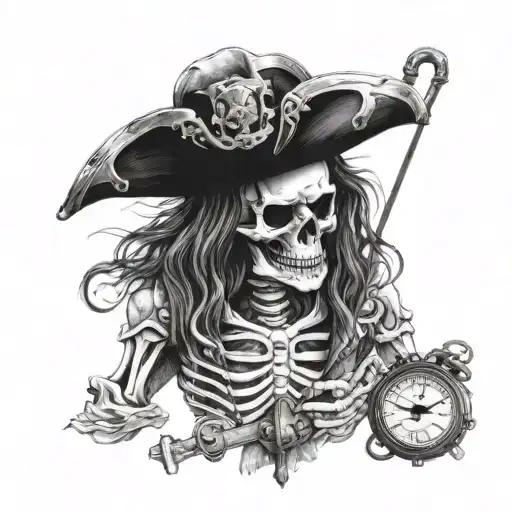 The Standing Skeleton Pirate Holding A Compass On His Hand
