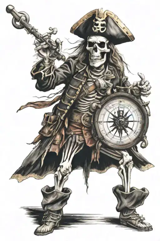 Skeleton Captain Pirate Holds A Compass In His Hand While His Left Hand Is In The Air
