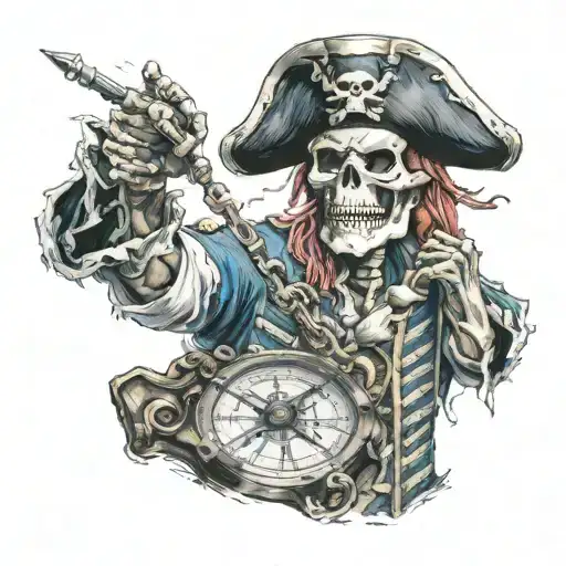 Pirate Skeleton Holding A Compass In His Palm While His Left Hand Is In The Air