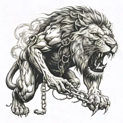 Man Chained To Roaring Lion Trying To Hold It Back