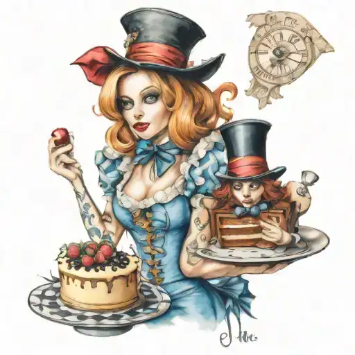 Sexy Alice And Female Mad Hatter Alice Handing Mad Hatter A Piece Of Cake That Says Eat Me