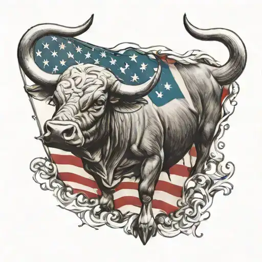 Bull With American Flag In Background