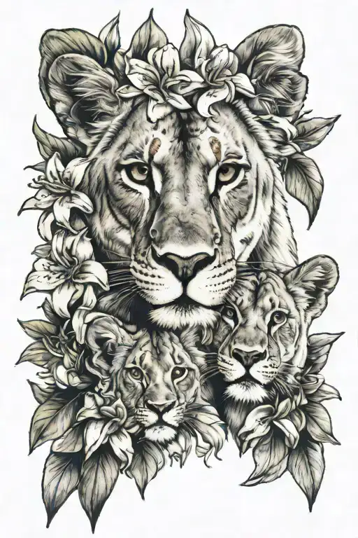 Lioness With Green Eyes And Baby Cub Surrounded By Lilium Red Lily's