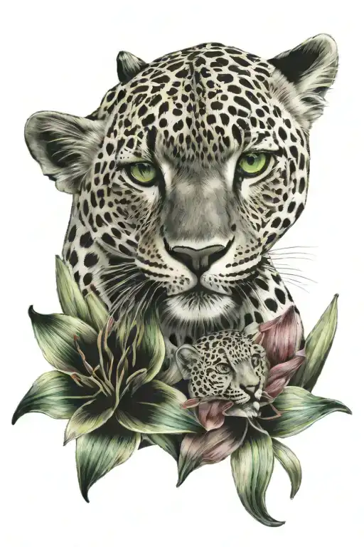 Leopard With Green Eyes And Baby Cub Surrounded By Lilium Red Lily's