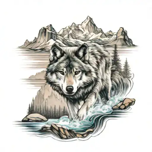 Wolf In Mountains With River Running