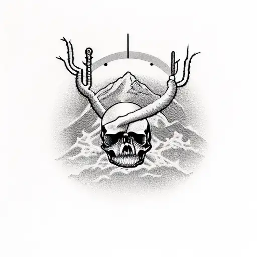 A Realistic Depiction Of An Arizona Desert Sunrise With A Skull Silhouette