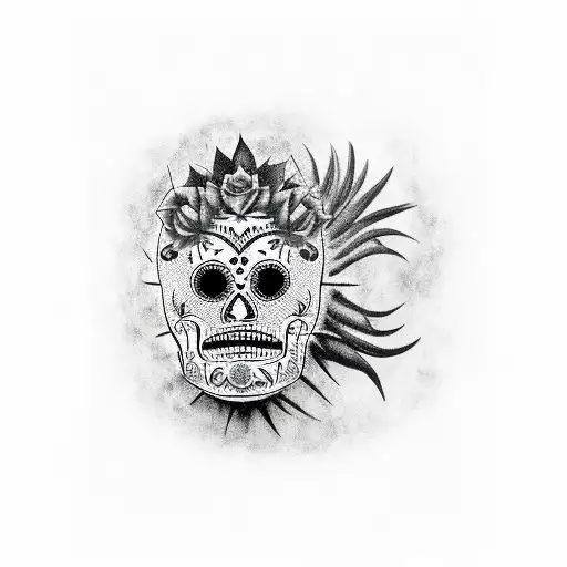 A Stylized Black And Grey Portrait Of A Saguaro Cactus With Dia De Los Muertos Face Paint