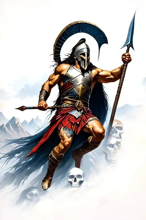 Spartan With A Spear Jumps From The Mountains Of Skulls