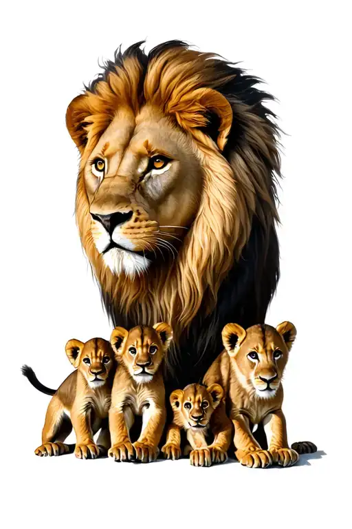 Male Lion And 4 Cubs