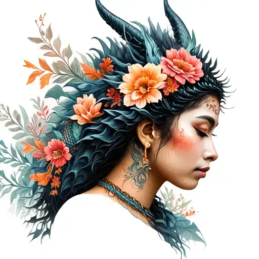 Indigenous Woman With Dragon Wrapped In Flowers