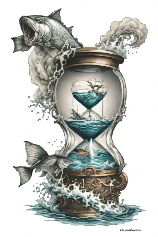 A Hour Glass With In The Upper Side A Storm Raging And Below A Calm Sea With Fish