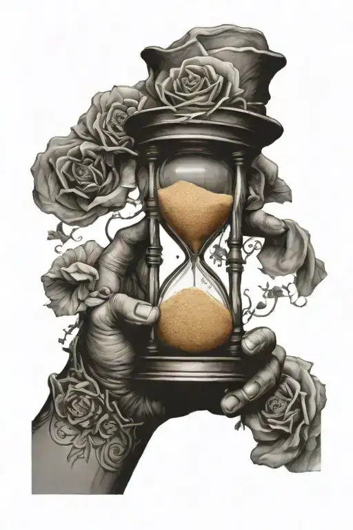 Hands Holding Sand Hourglass Filled With Swirling And Wrapped In Tine Waits For No One Insignia