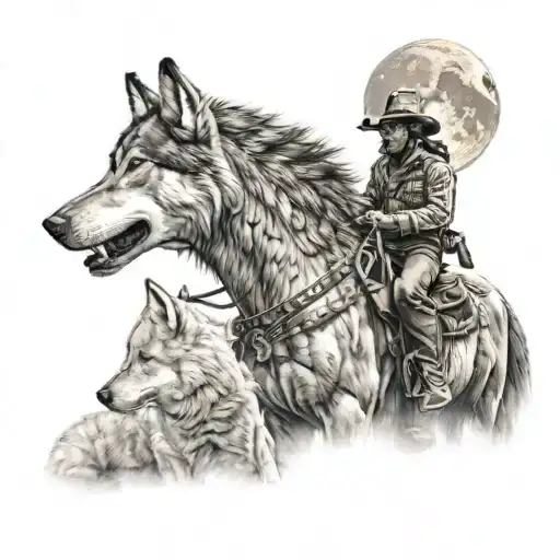 Cowboy On Horseback Next To A Wolf Howling At The Moon