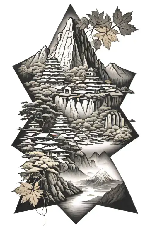 Mix Of Machu Picchu With Mount Fuji Behind It And A Maple Leaf