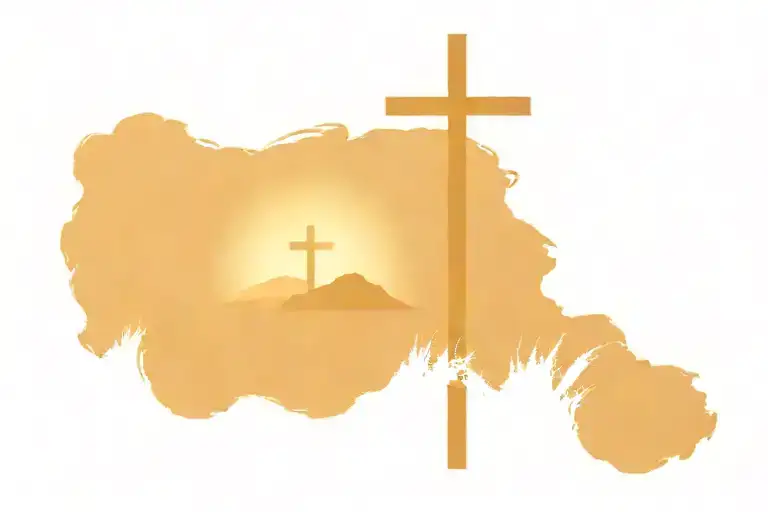 Sunset With Ocean And Mountains With Wooden Cross In Middle