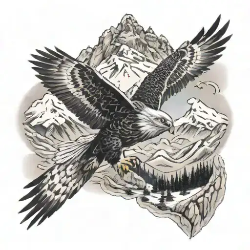 Forearm Tattoo Of Wide Mountain Range With Hawk Flying