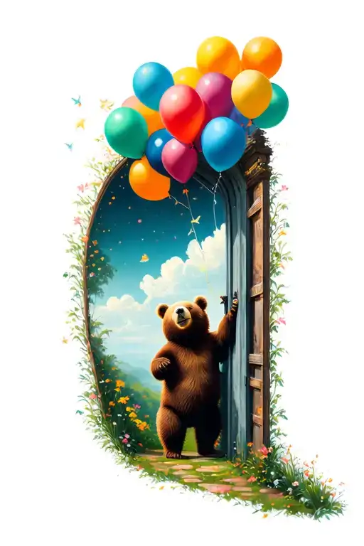 Secret Garden Door With Bear In The Sky Holding Balloons