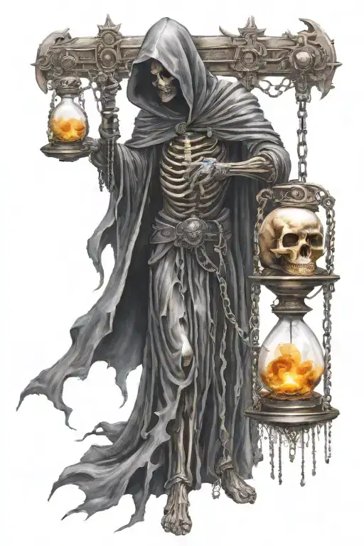Side Profile Full Body Grim Reaper Holding A Hourglass With Chains Standing On Skulls