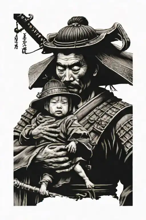 Samurai Leaving For War With Wife And Child Holding His Hand Crying