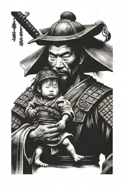 Samurai Leaving For War With Wife And Child Holding His Hand Crying