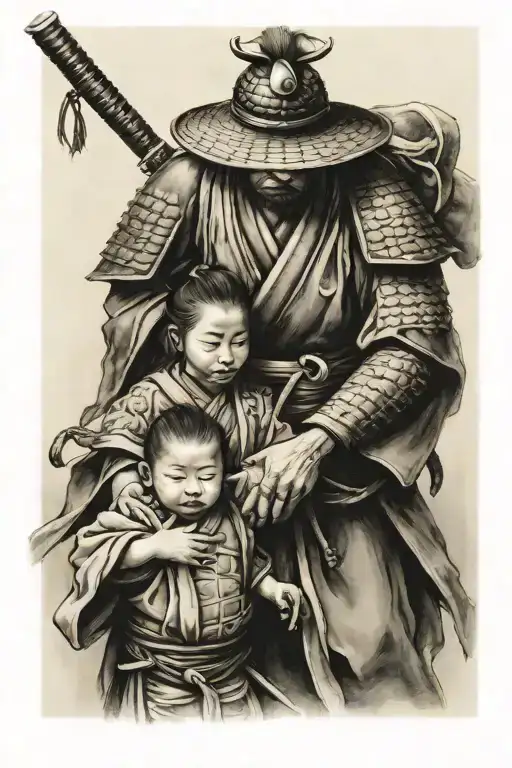 Samurai Leaving For War With Wife And Child Holding His Hand Crying