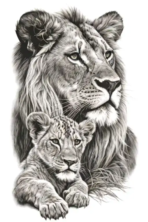 Lion And Cub Sitting Together