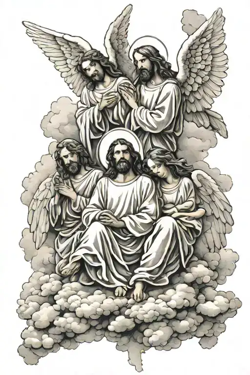 3 Angels Each Above The Other Each Sitting On A Separate Cloud And Jesus Is Above Them