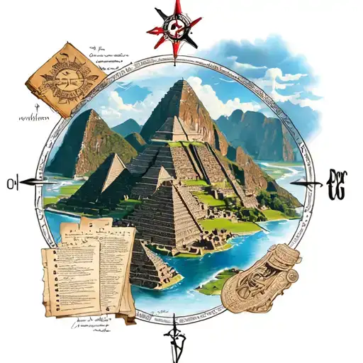 Machu Pichu And Pirate Map And Papyrus And Compass And Pyramids And Chichen Iza