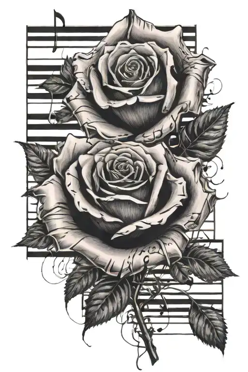 Hyper Realistic Watercolor Rose Made Of Piano Keys On Music Note Vines