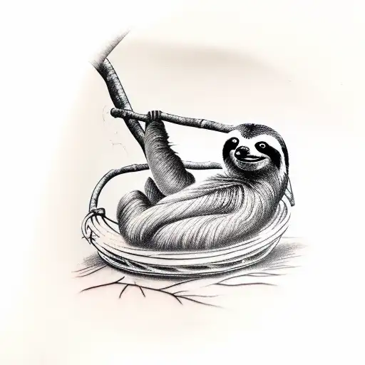 A Three-toed Sloth Resting On A Ficus Tree Inside A Basket Made Of Natural Rattan