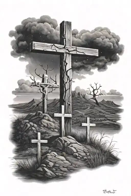 Three Crosses On A Hill Dark Sky