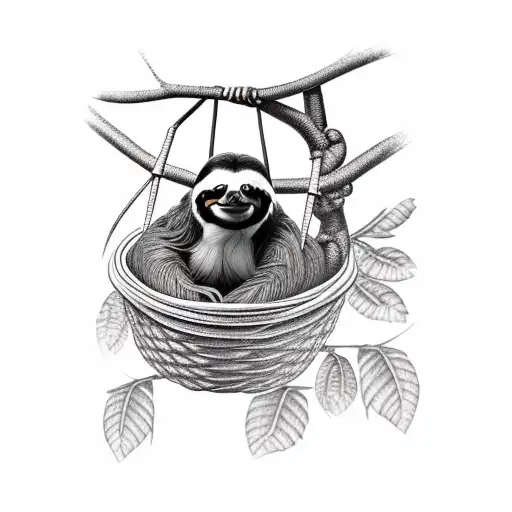 A Three-toed Sloth Resting On A Ficus Tree Inside A Basket Made Of Natural Rattan