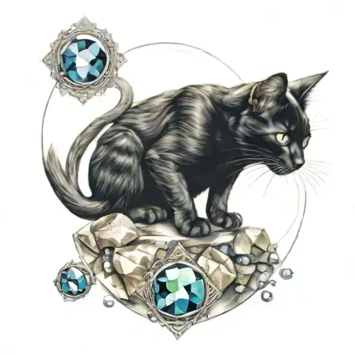 Black Cat And Precious Stones Balanced In The Middle