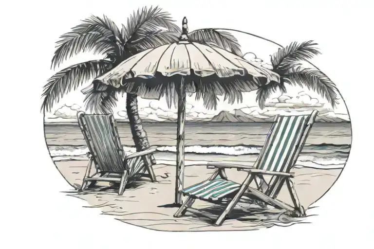 Beach Chair With Umbrella And Palm Tree On The Beach With Crescent Moon In Ski