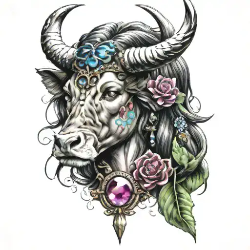 Very Beautiful Brunette Woman Taurus Sign With Gemstones