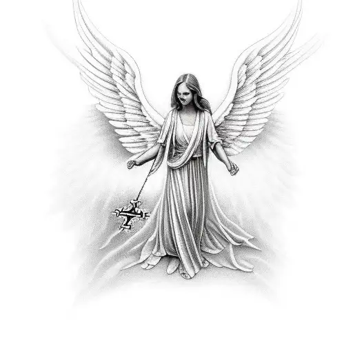 An Angel With Open Wings Carrying A Cross